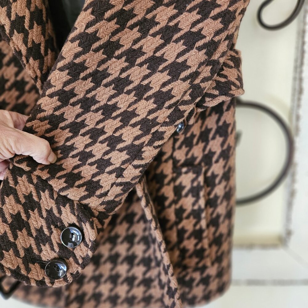 Orsay Brown Tan Wool Blend Houndstooth Jacket/ Coat Size 6 - Picture 10 of 10